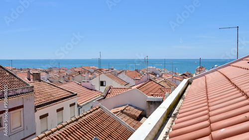 Ocean View with Red Clay Tile Rooftops in Nazaré, Portugal