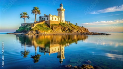 Coast and lighthouse of the Malabata Cape in Tangier reflected in the calm waters of the Mediterranean Sea, reflection,coast, tranquil, picturesque, Malabata Cape, vacation, architecture