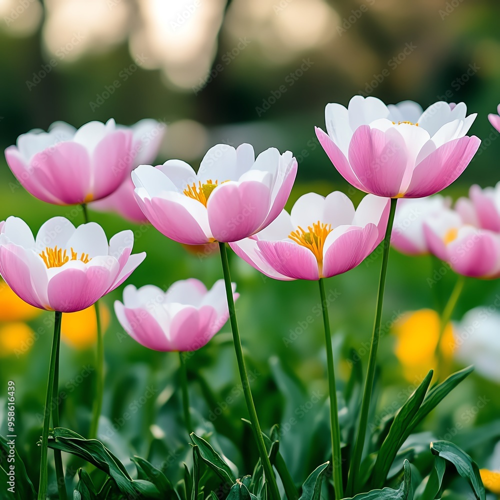 Obraz premium A beautiful scene of pink tulips blooming in a lush green garden, showcasing nature's vibrant colors and delicate petals.