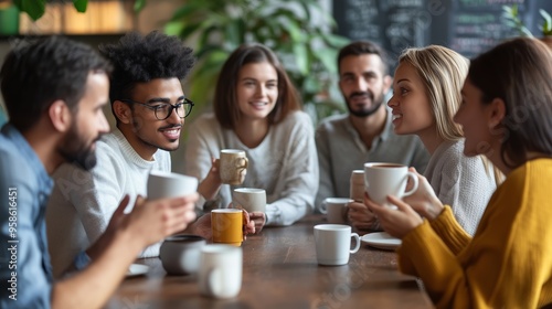 Friends enjoying coffee together in a cozy café during a relaxed afternoon gathering in an urban setting