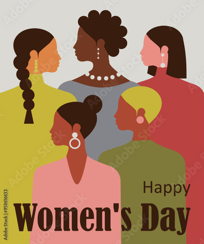 International Women's Day. Women of different nationalities gather together. Vector.