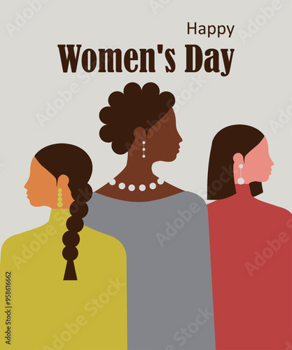 International Women's Day. Women of different nationalities gather together. Vector.