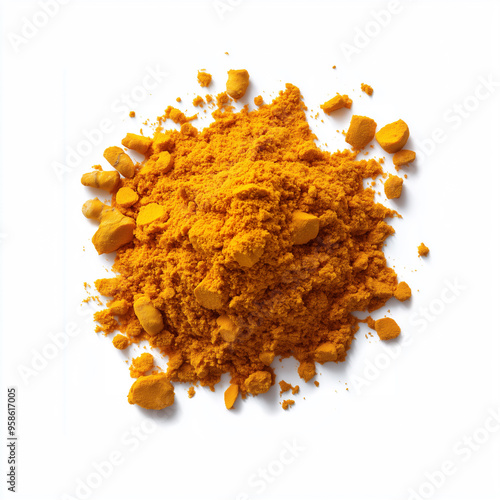 Isolated Pile of Ground Turmeric on White Background photo