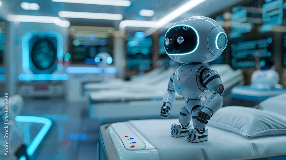 Futuristic Clinic with Robots Assisting in Patient Care Digital Health Concept Futuristic Clinic with Robots Assisting in Patient Care Digital Health Concept