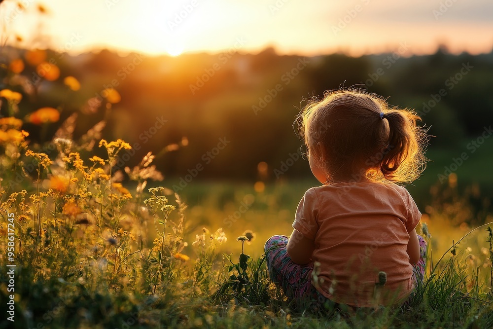 A young child sits in a field of wildflowers watching the sunset. The scene captures a serene and peaceful moment, with the horizon bathed in golden sunlight. A young child sits in a field of wildflowers watching the sunset. The scene captures a serene and peaceful moment, with the horizon bathed in golden sunlight.