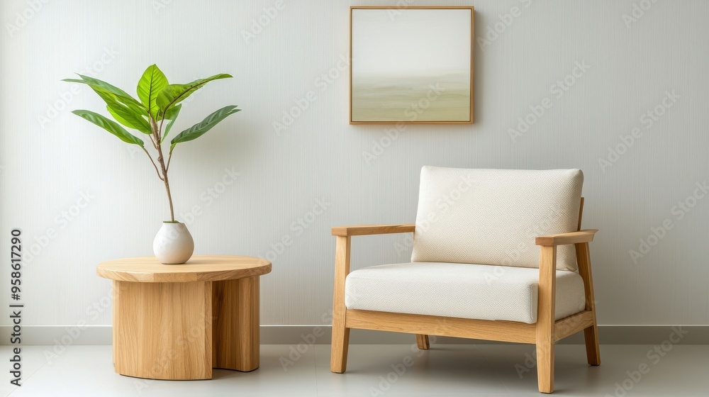 Minimalist Living Room Interior Design with Wooden Armchair and Side Table Minimalist Living Room Interior Design with Wooden Armchair and Side Table