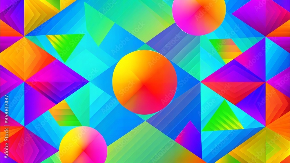 Vibrant geometric pattern with colorful spheres and triangular shapes, modern design, abstract art, copy space Vibrant geometric pattern with colorful spheres and triangular shapes, modern design, abstract art, copy space