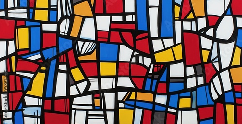 Colorful abstract artwork featuring geometric shapes in red, blue, yellow, and white against a black background, creating a dynamic composition photo