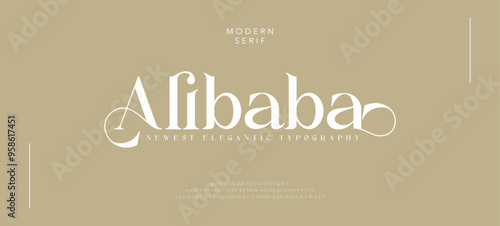 Luxury wedding alphabet letters font with tails. Typography elegant classic serif fonts and number decorative vintage retro concept for logo branding. vector illustration