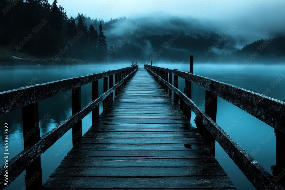 A wooden pier extends into a foggy lake, creating a hauntically beautiful scene. Mist surrounds the dock, blending the water and sky seamlessly at dawn. A wooden pier extends into a foggy lake, creating a hauntically beautiful scene. Mist surrounds the dock, blending the water and sky seamlessly at dawn.