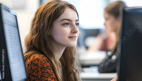Wallpaper Mural Young woman with long brown hair looking away from computer screen Torontodigital.ca