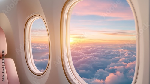 Enjoy a breathtaking view of a colorful sunset from an airplane window, surrounded by soft clouds and serene skies. photo