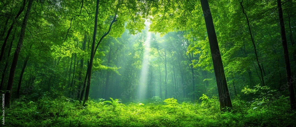 Obraz premium Sunbeam Through Forest Trees
