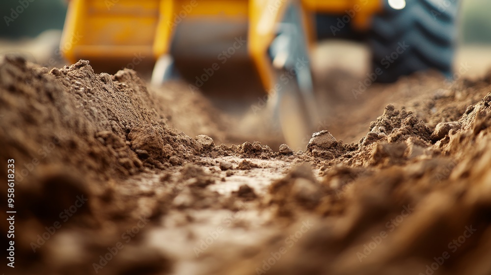 Naklejka premium A time-lapse of workers digging a trench, detailed soil layers, and bright machinery, captured in a dynamic, industrial style with vivid colors and sharp contrasts.
