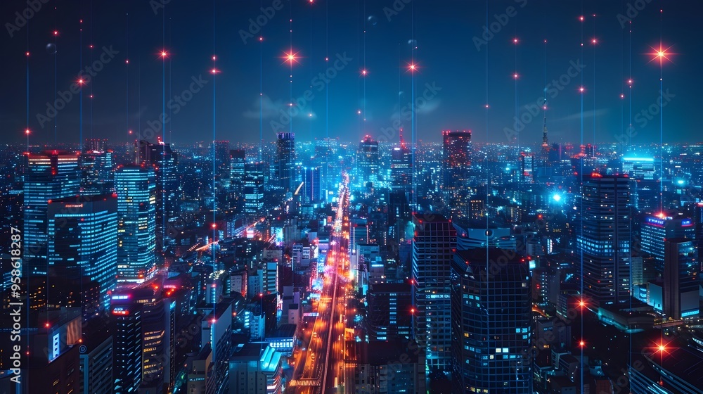 Vibrant Nighttime Cityscape with Intelligent Lighting and Security Systems Showcasing a Smart City Connectivity Vibrant Nighttime Cityscape with Intelligent Lighting and Security Systems Showcasing a Smart City Connectivity
