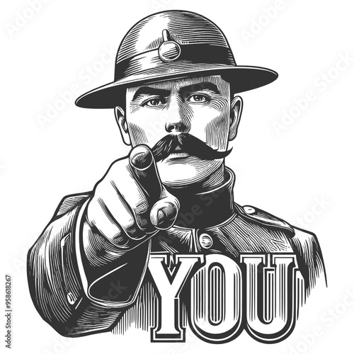 classic military recruitment posters, featuring a stern officer pointing directly sketch engraving generative ai fictional character vector illustration. Scratch board imitation. Black and white image