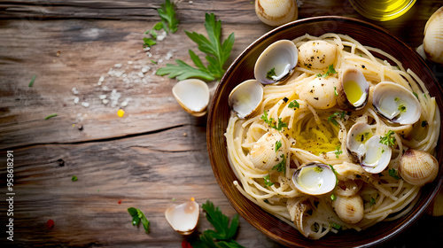 Spaghetti alle Vongole presented on a rustic wooden table, with a drizzle of olive oil photo