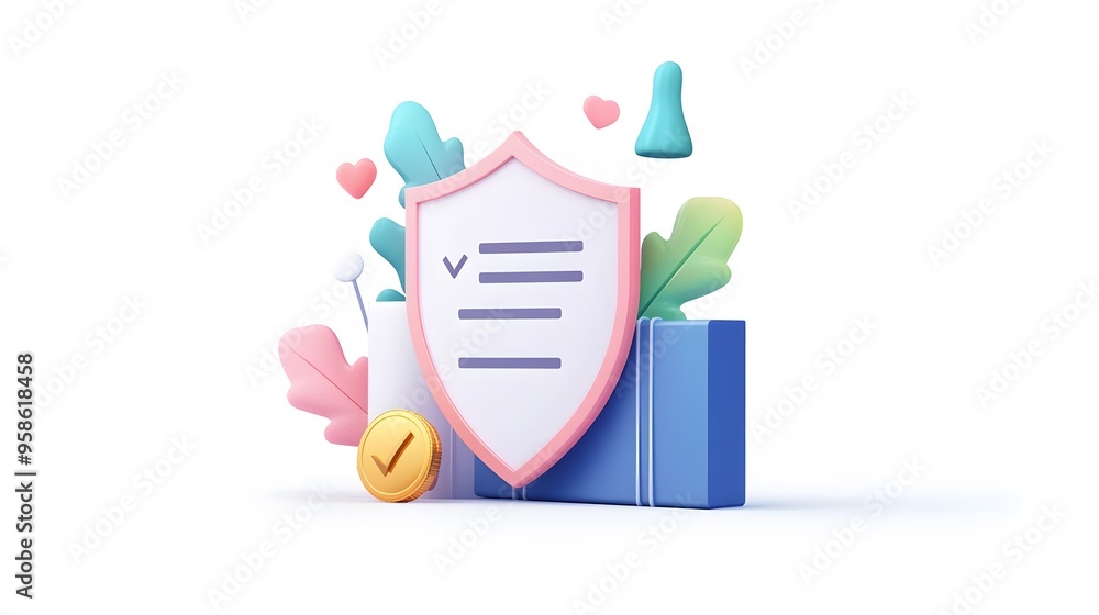 Document with shield and check mark. Health insurance, document security , data protection, finance and medical service concept. 3d vector icon. Cartoon minimal style. White background
