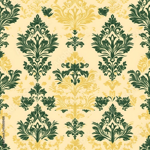 Elegant Green and Gold Damask Pattern: A vintage, sophisticated, and elegant damask pattern in shades of green and gold, perfect for adding a touch of luxury to any project. This seamless design featu