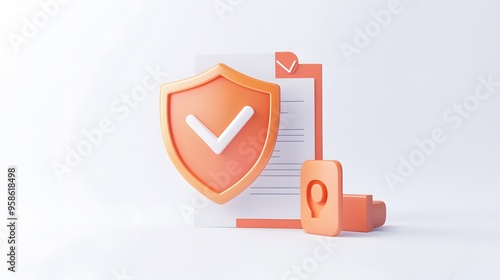Document with shield and check mark. Health insurance, document security , data protection, finance and medical service concept. 3d vector icon. Cartoon minimal style. White background