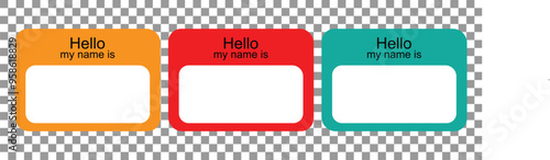 "Hello My name is" cards set. Name badge templates set on a transparent background. 