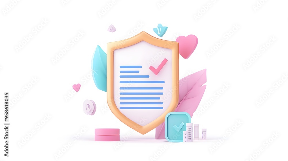Document with shield and check mark. Health insurance, document security , data protection, finance and medical service concept. 3d vector icon. Cartoon minimal style. White background Document with shield and check mark. Health insurance, document security , data protection, finance and medical service concept. 3d vector icon. Cartoon minimal style. White background