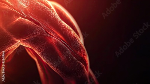 Close-up view of a muscular arm showcasing intricate details and texture of the skin and muscle, illuminated with dramatic lighting.