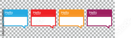 "Hello My name is" cards set. Name badge templates set on a transparent background. 