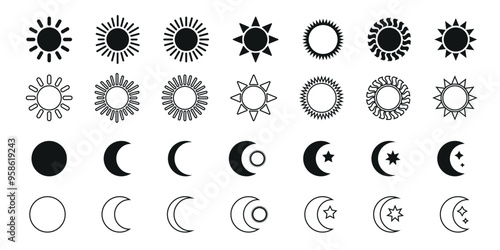 Sun and moon icon vector illustration set. Night icon of the moon with stars and sun icon, vector on white background. Black and white symbols, celestial design elements,  star, crescent phases.