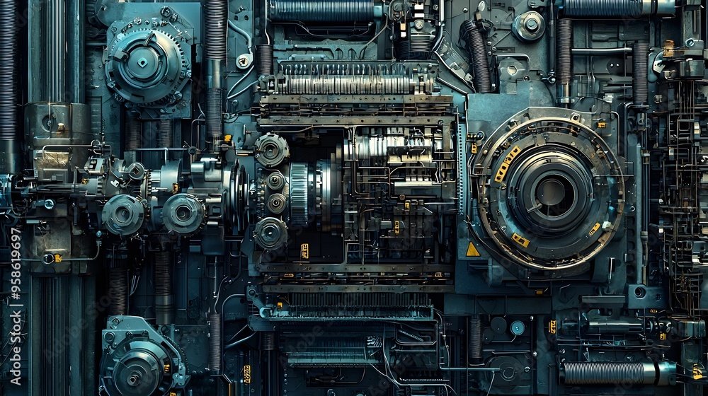 Fototapeta premium Intricate Industrial Machinery with Interconnected Gears,Pistons,and Hydraulic Systems