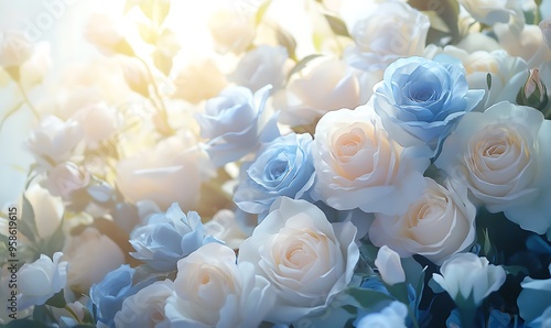 Softly Lit Bouquet of White and Blue Roses