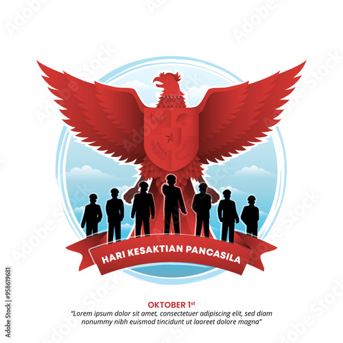 Hari Kesaktian Pancasila or Pancasila Sanctity Day background with a Garuda and heroes