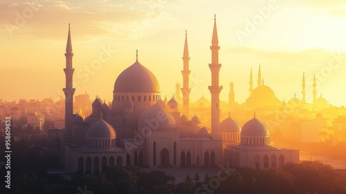 Majestic Mosque at Golden Hour in a Cityscape