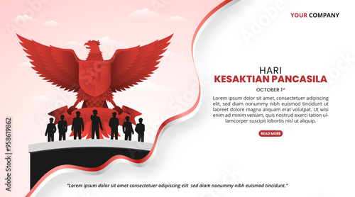 Hari Kesaktian Pancasila or Pancasila Sanctity Day background with a Garuda and waving flag