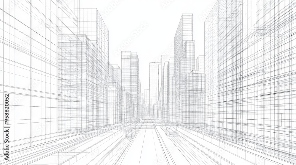 Wireframe illustration of a city street with tall buildings on either side. Wireframe illustration of a city street with tall buildings on either side.