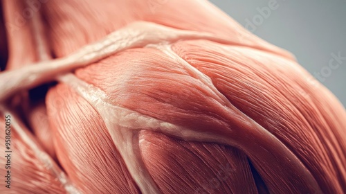 Close-up view of human muscle fibers showcasing intricate details and textures, ideal for medical and anatomical studies.