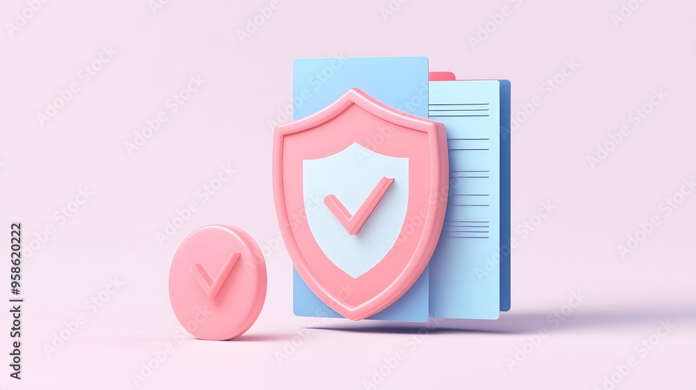 Document with shield and check mark. Health insurance, document security , data protection, finance and medical service concept. 3d vector icon. Cartoon minimal style. White background Document with shield and check mark. Health insurance, document security , data protection, finance and medical service concept. 3d vector icon. Cartoon minimal style. White background