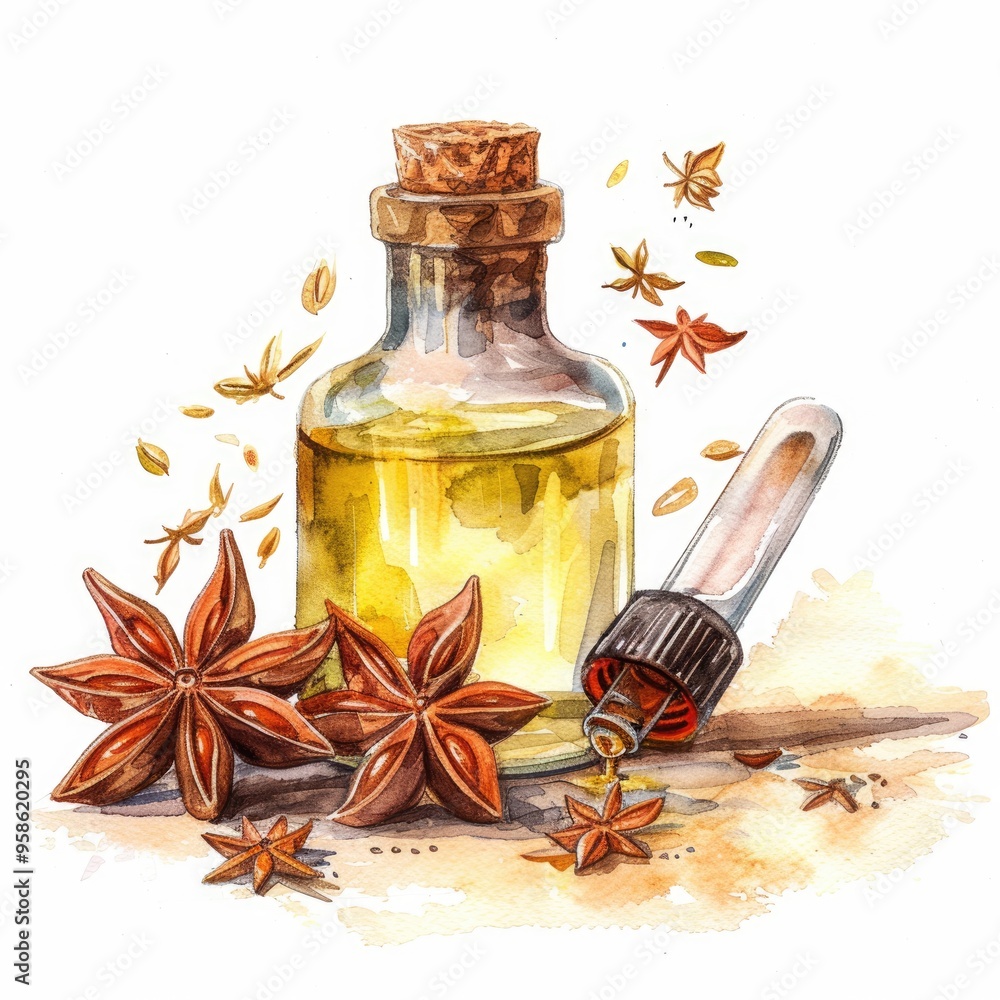 Aromatic Star Anise Essential Oil in Glass Bottle. Watercolor Hand-drawn Illustration for Spa and Wellness Therapy Aromatic Star Anise Essential Oil in Glass Bottle. Watercolor Hand-drawn Illustration for Spa and Wellness Therapy