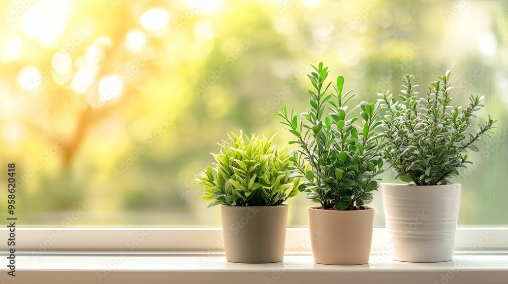 Three potted plants on a window sill with a bright, blurry background Three potted plants on a window sill with a bright, blurry background