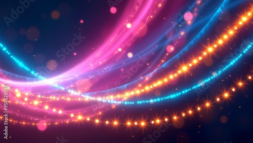 Vivid Neon Light Streaks and Bokeh Orbs on Dark Gradient Backdrop