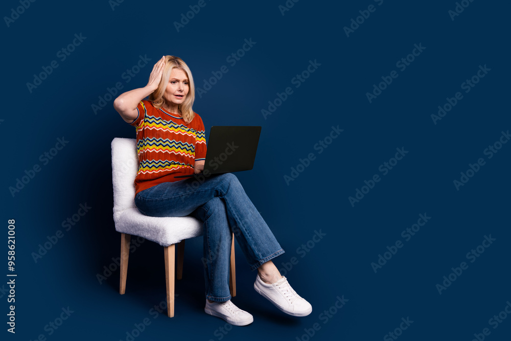 Photo of charming attractive stressed depressed woman stylish clothes hand head empty space isolated on dark blue color background Photo of charming attractive stressed depressed woman stylish clothes hand head empty space isolated on dark blue color background