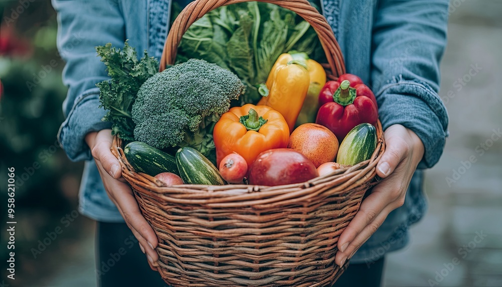 Fototapeta premium A person holding a basket full of fresh vegetables and fruits, including broccoli, bell peppers, cucumbers, apples, and lettuce.