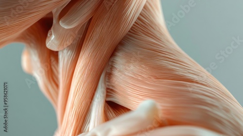 Close-up view of human muscle tissue showcasing intricate details and textures in soft lighting, emphasizing anatomical beauty.