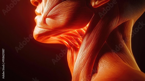 Anatomical detail of a human neck showcasing intricate muscles and structures under dramatic lighting.