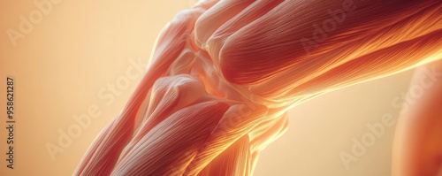 Close-up of a muscular arm showcasing intricate details of muscle fibers in soft lighting. photo