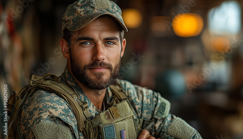 Confident man in army uniform looking at camera generated by AI
