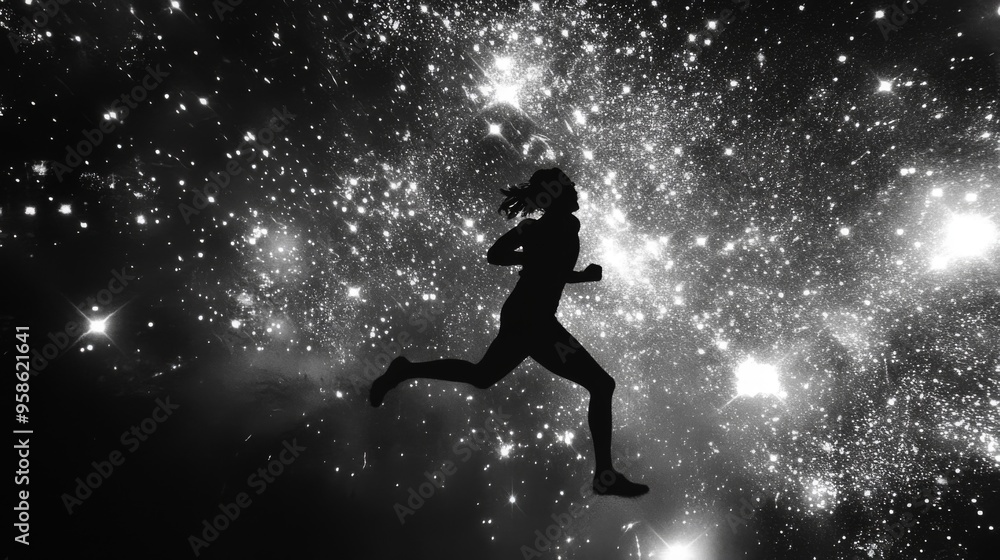 A silhouetted runner sprints dynamically against a breathtakingly vast starry cosmic background, capturing motion, energy, and the infinite nature of the universe.