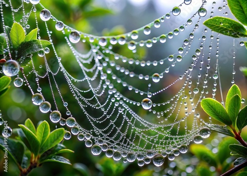 Droplets of rain cling to intricate spider webs, glistening like tiny diamonds on a misty morning, surrounded by photo