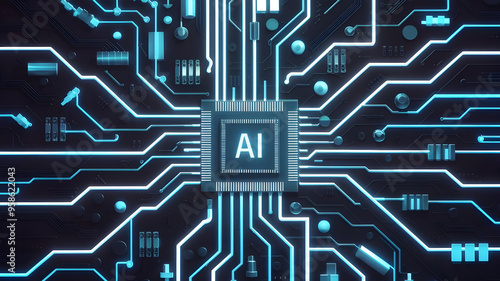 The Heart of Future Technologies Visualized through a circuit board. Glowing blue ai chipset. AI chip on a circuit board.