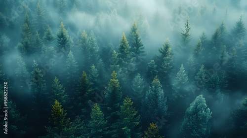 A breathtaking aerial view of a mist-covered evergreen forest, creating a peaceful and mystical atmosphere. Perfect for nature-themed projects, environmental campaigns, and travel promotions.